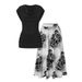 Women's Clothing Elegant Solid Color Draped T Shirt With Floral Print Skirt Sets_ecoleips.com