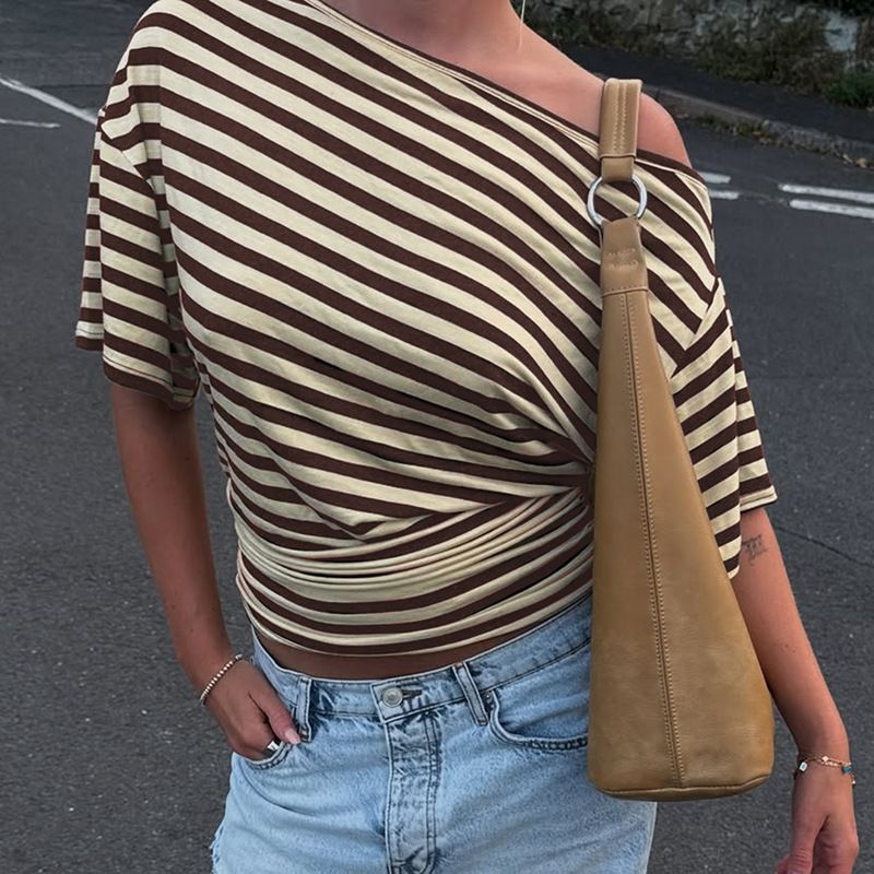 2025 Autumn New Arrival American Retro Striped Off Shoulder Slimming T Shirt Top_ecoleips.com