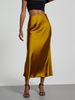 Elegant Satin Midi Skirt For Women - Flowy A-Line Tailored Pencil Skirt With Slit, Breathable Polyester, Office & Evening Wear_ecoleips.com