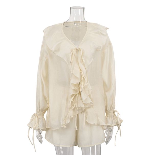 Russian New Style Women's Ruffled Casual Suit Set French Design Flared Sleeves Loose Fitting Top And Shorts Two Piece Spring/Autumn Outfit_ecoleips.com