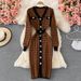 Chic V-Neck Houndstooth Knit Dress – Slim-Fit Pencil Dress With Contrast Trim (Chocolate/Beige/White/Black, One Size) | Elegant Office To Evening Wear_ecoleips.com