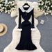 French Ruffle Hem Knit Dress With Contrast Peter Pan Collar – Elegant Long Sleeve Bodycon Dress_ecoleips.com