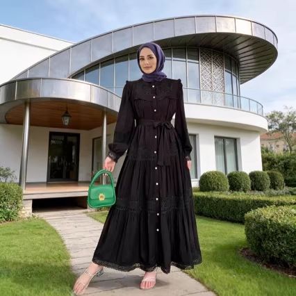 Modest Abaya Dress/Muslim Dress Women Elegant Plus Size Dress With Lace Trim, Bubble Sleeves & Tie-Waist – Flowy A-Line Long Dress_ecoleips.com