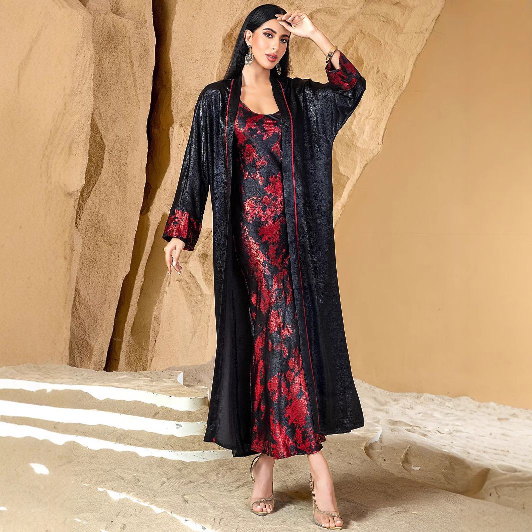 Luxury Two-Piece Abaya Set – Satin Outerwear + Red Printed Inner Dress For Evening Events_ecoleips.com