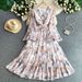 Women's Floral Print Chiffon Maxi Dress V-Neck Bohemian Flowy Ruffle Sleeve Midi Dress Elegant Waist-Defining Dress_ecoleips.com