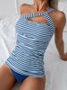 Women Blue White Stripe 2 Piece Tankini Set Crisscross Halter Cutout Ruched Tummy Control Tank Top Solid High Cut Bikini Bottom Nautical Swimwear_ecoleips.com