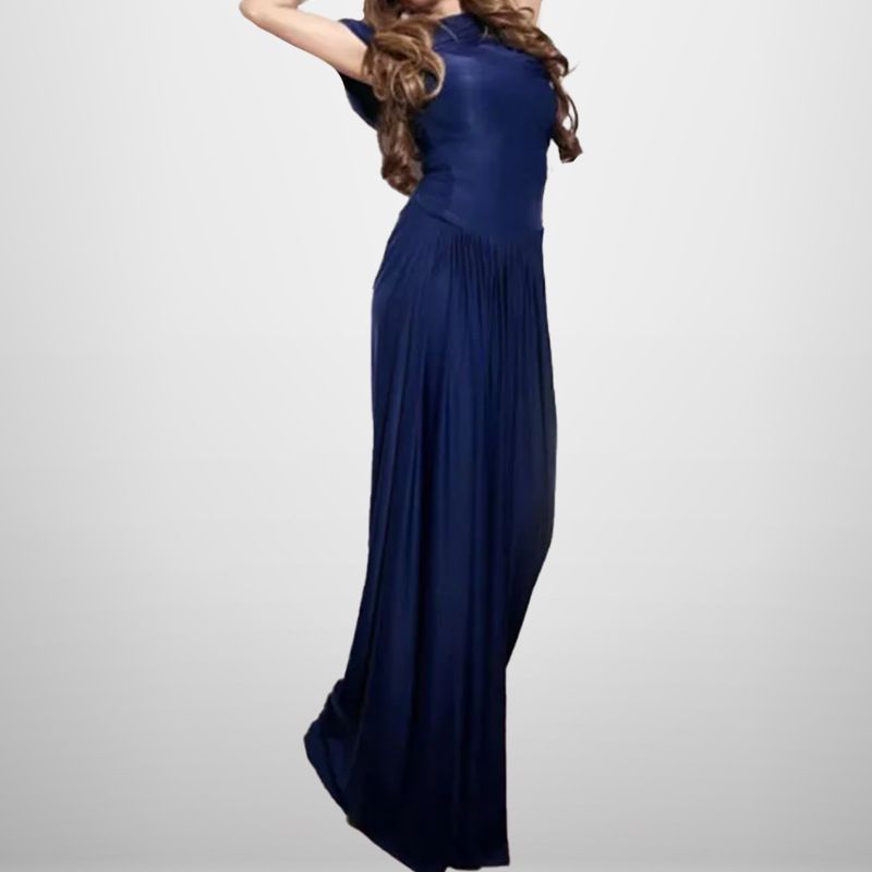 K Fashionable Waist Cinching Shawl Style Pleated Standing Cut Wrapped Elegant Long Dress For Women_ecoleips.com