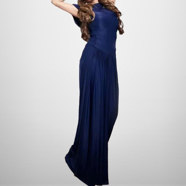 K Fashionable Waist Cinching Shawl Style Pleated Standing Cut Wrapped Elegant Long Dress For Women_ecoleips.com