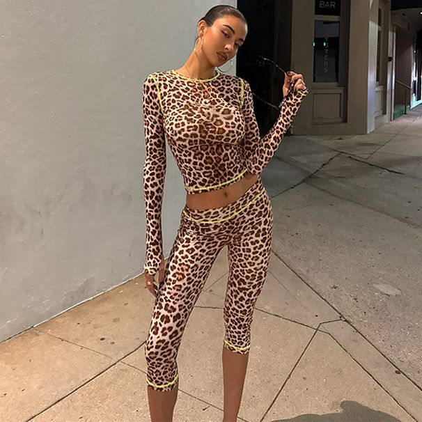French-style Women's Clothing 2025 Autumn And Winter New Fashion Leopard Print Cropped Long-sleeve Top Slim-fit Shorts_ecoleips.com