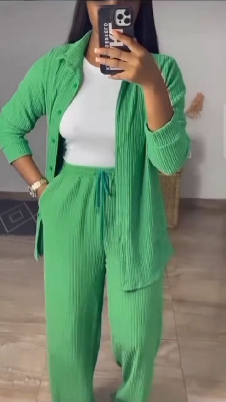 Women's Style Long Sleeved Shirt And Trousers Set Wrinkled Collar Cardigan Clothing_ecoleips.com