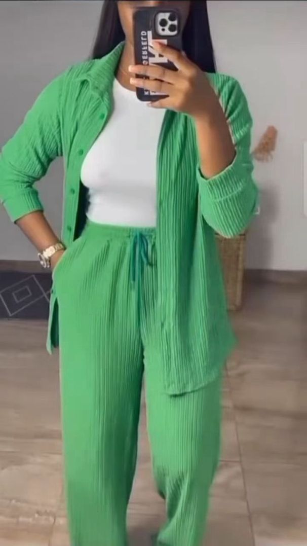 Women's Style Long Sleeved Shirt And Trousers Set Wrinkled Collar Cardigan Clothing_ecoleips.com