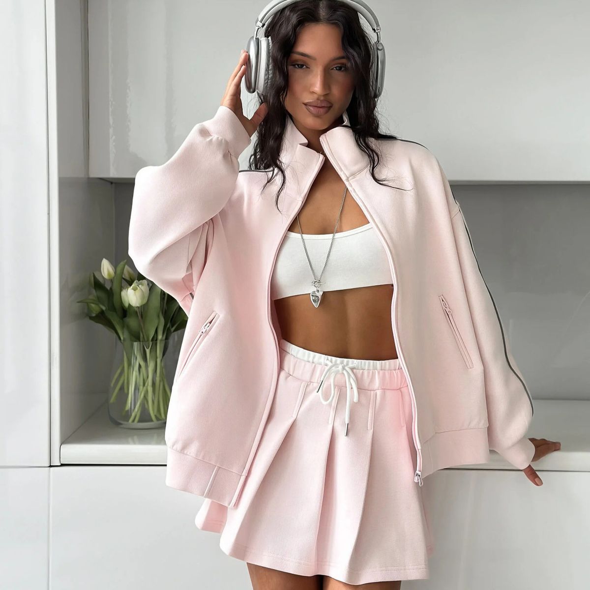 Casual Fashion For Women Zipper Cardigan Jacket Sports Drawstring Short Skirt Two-Piece Set_ecoleips.com