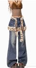 Vintage Leopard Print Fluff Splicing Stacked Fart Curtain Spice Girl Straight Wide Leg Fake Two-piece Jeans_ecoleips.com