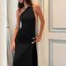 Fashion Draped Backless Slim Party Dress Sexy Diagonal Collar Metal Button Gown Elegant Sleeveless Hight Waist Solid Long Dress_ecoleips.com