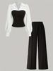 Women's Clothing Casual Striped Lounge Set – Slimming Two-Piece Outfit, Long Sleeve Top & Pants, Polyester Comfort, Black/Maroon/Coffee, S-XXL_ecoleips.com