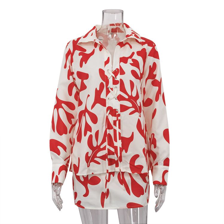 Women's Clothing summer printed short skirt lapel loose women's shirt casual suit_ecoleips.com