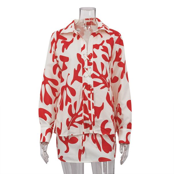 Women's Clothing summer printed short skirt lapel loose women's shirt casual suit_ecoleips.com