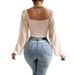 Women's V-Neck Peplum Blouse With Drawstring & Lantern Sleeves - Flowy Chiffon Sexy Tops_ecoleips.com