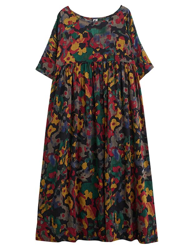 Cotton Summer Vintage Print Dresses For Women 2025 New Casual Loose Long Art Dress Femme Robe Vestidos Elegant Oversize Clothing_ecoleips.com