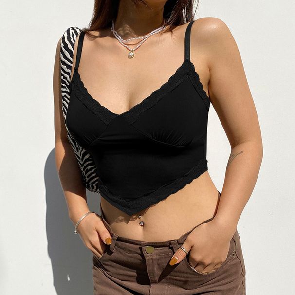 Cross-border European And American Style Lace Trim Vintage Brown Backless V-neck Camisole Women's Sleeveless Top_ecoleips.com