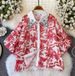 Elegant Floral Lace Blouse With Puff Sleeves & Rhinestone Detailing – Relaxed Fit, Short Sleeve, Crew Neck – Blue & Red Options_ecoleips.com