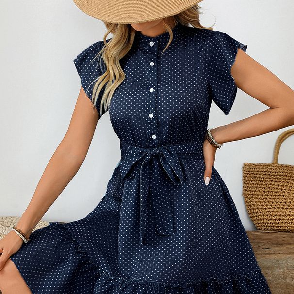 Women's Clothing Elegant Midi Dress Polka Dot Lotus Leaf Sleeve A-Line Skirt Lace-Up Summer American Style_ecoleips.com