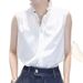 2025 V-Neck Black Fungus Border Solid Color Sleeveless Top, Fragrance Style French White Shirt, Satin Lace Vest, Small Shirt_ecoleips.com