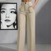 Women's High-Waisted Pleated Wide-Leg Pants – Comfortable Office & Casual Trousers, Stretch Polyester, Straight Fit_ecoleips.com