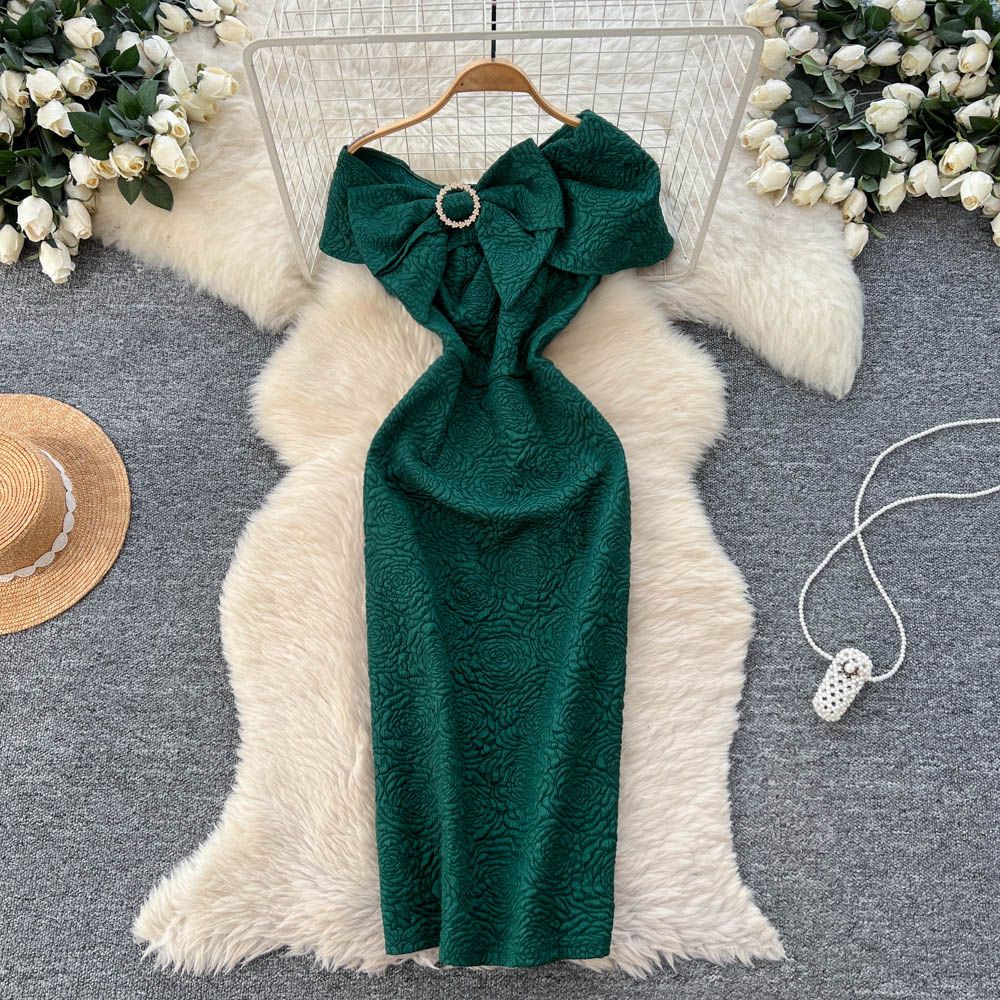 Women's One Shoulder Bow Waist Dress Elegant Fashion Cross Border Hip Hugging Textured Jacquard European American Style_ecoleips.com