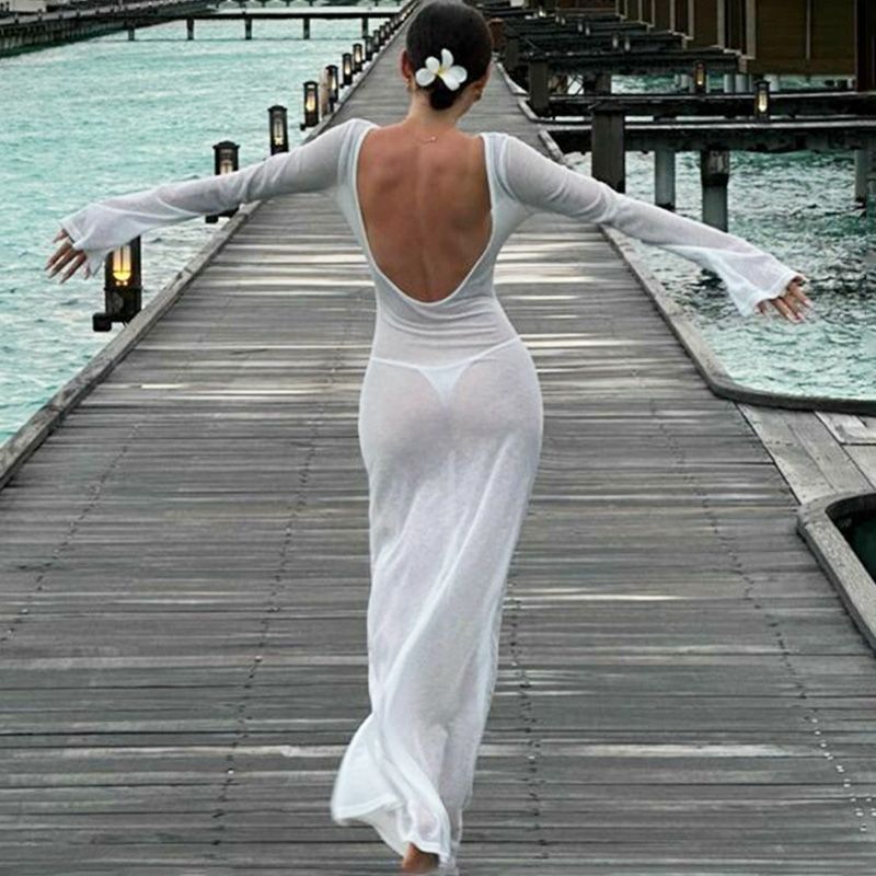 Talenza Summer Backless Long Dress White Sexy High Waisted See Through Slim Dress Fashion New Women's Beach Cover Vacation Dress_ecoleips.com