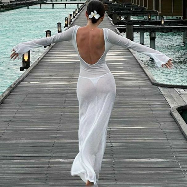 Talenza Summer Backless Long Dress White Sexy High Waisted See Through Slim Dress Fashion New Women's Beach Cover Vacation Dress_ecoleips.com