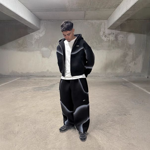 Futuristic Streetwear Zip-Up Hoodie Set With 3D Graphic – Unisex Oversized Pullover & Pants For Urban Fashion_ecoleips.com