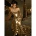 Women's Clothing Gold evening dress for women, high grade sequined host, one shoulder tube top toast dress, bride fishtail skirt with small train_ecoleips.com