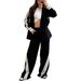 Women's Contrast Trim Relaxed Fit Long Sleeve Jacket With High-Waisted Draped Wide Leg Pants Two-Piece Set_ecoleips.com