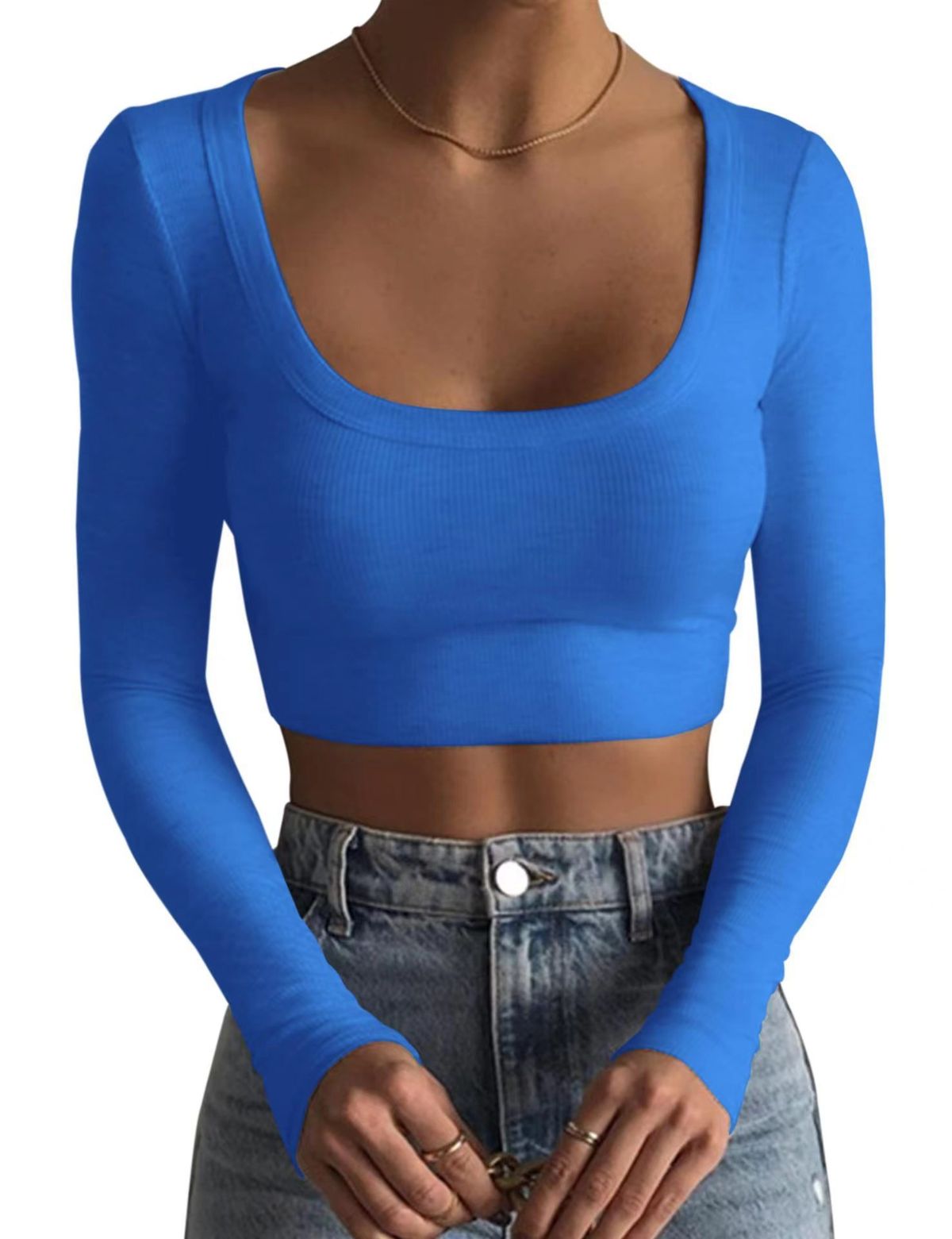 Women's Clothing Large Round Neck Long Sleeve Threaded Ultra Short Slim Fit T Shirt_ecoleips.com