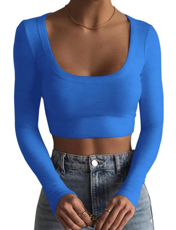 Women's Clothing Large Round Neck Long Sleeve Threaded Ultra Short Slim Fit T Shirt_ecoleips.com