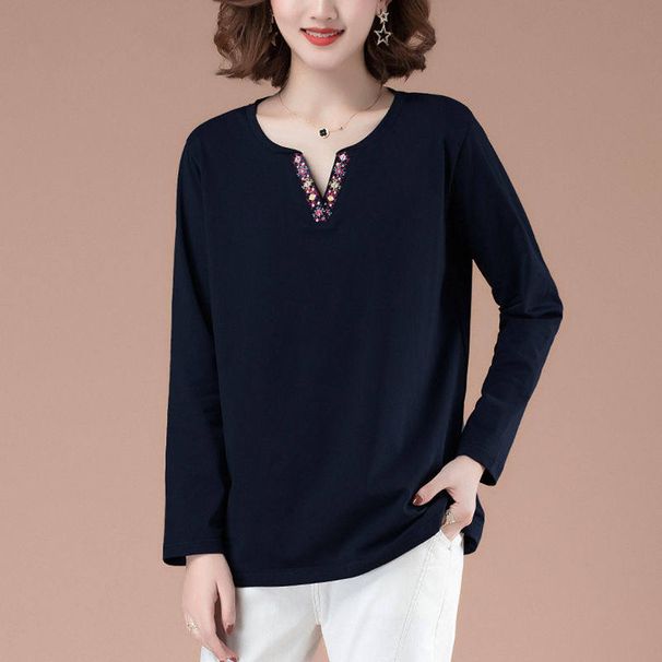 2026 Long-Sleeved T-Shirt For Women With V-Neck, Stylish And Loose. This Is A Base Layer For Middle-Aged And Elderly Wom_ecoleips.com