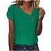 Women's Clothing Pullover V Neck Solid Color Button Top Summer Short Sleeved Loose Women's T Shirt_ecoleips.com