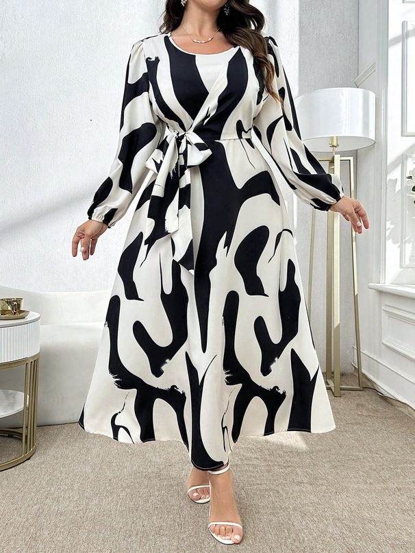 Women's Clothing Plus Size Spring/Summer Short-Sleeved Fashion Dress Waist Cinching Style Printed Design_ecoleips.com