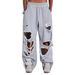 Heather Gray Distressed Ripped Sweatpants For Women, Loose Wide Leg Casual Joggers With Frayed Holes, High Waist Baggy Streetwear Trousers For Daily W_ecoleips.com