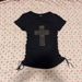 Women's Slim Fit T-Shirt Personalized Cross Rhinestone American Street Style Drawstring Top_ecoleips.com