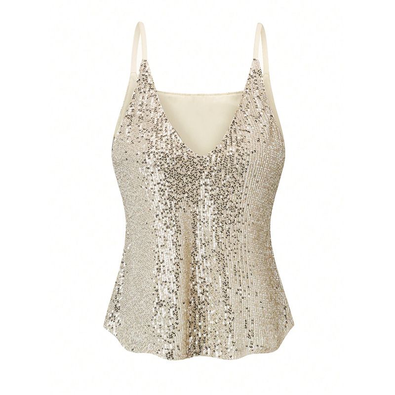 Women's Sequin V-Neck Sleeveless Camisole Top for Party Night out Versatile Styling Flattering Silhouette plus Size Clothes_ecoleips.com