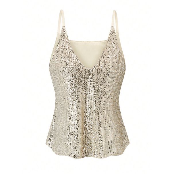 Women's Sequin V-Neck Sleeveless Camisole Top for Party Night out Versatile Styling Flattering Silhouette plus Size Clothes_ecoleips.com