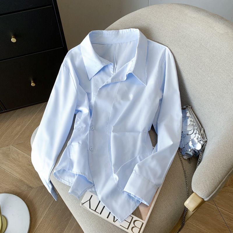 Women's Clothing Stylish Slimming Long Sleeved Shirt For Women Waist Cinching Irregular Design Trendy Elegant Collared Top For Spring_ecoleips.com