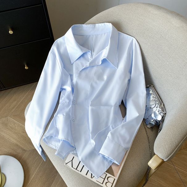 Women's Clothing Stylish Slimming Long Sleeved Shirt For Women Waist Cinching Irregular Design Trendy Elegant Collared Top For Spring_ecoleips.com