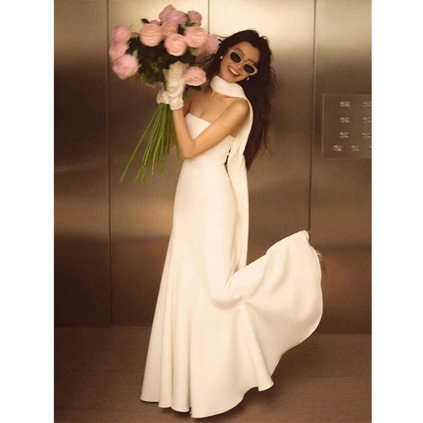 Women's Clothing White Satin Tube Top Fishtail Light Wedding Dress Simple Go Out To Welcome Guests New Host Evening Dress Skirt Female_ecoleips.com