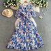 Women's Clothing French Elegant Three Dimensional Flower Round Neck Trumpet Sleeve Dress For Women Summer Waist Slimming Printed Pleated Skirt_ecoleips.com