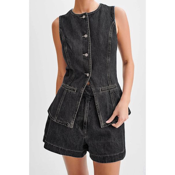 Summer Fashion Two Piece Set Sleeveless Denim Shorts For Women_ecoleips.com