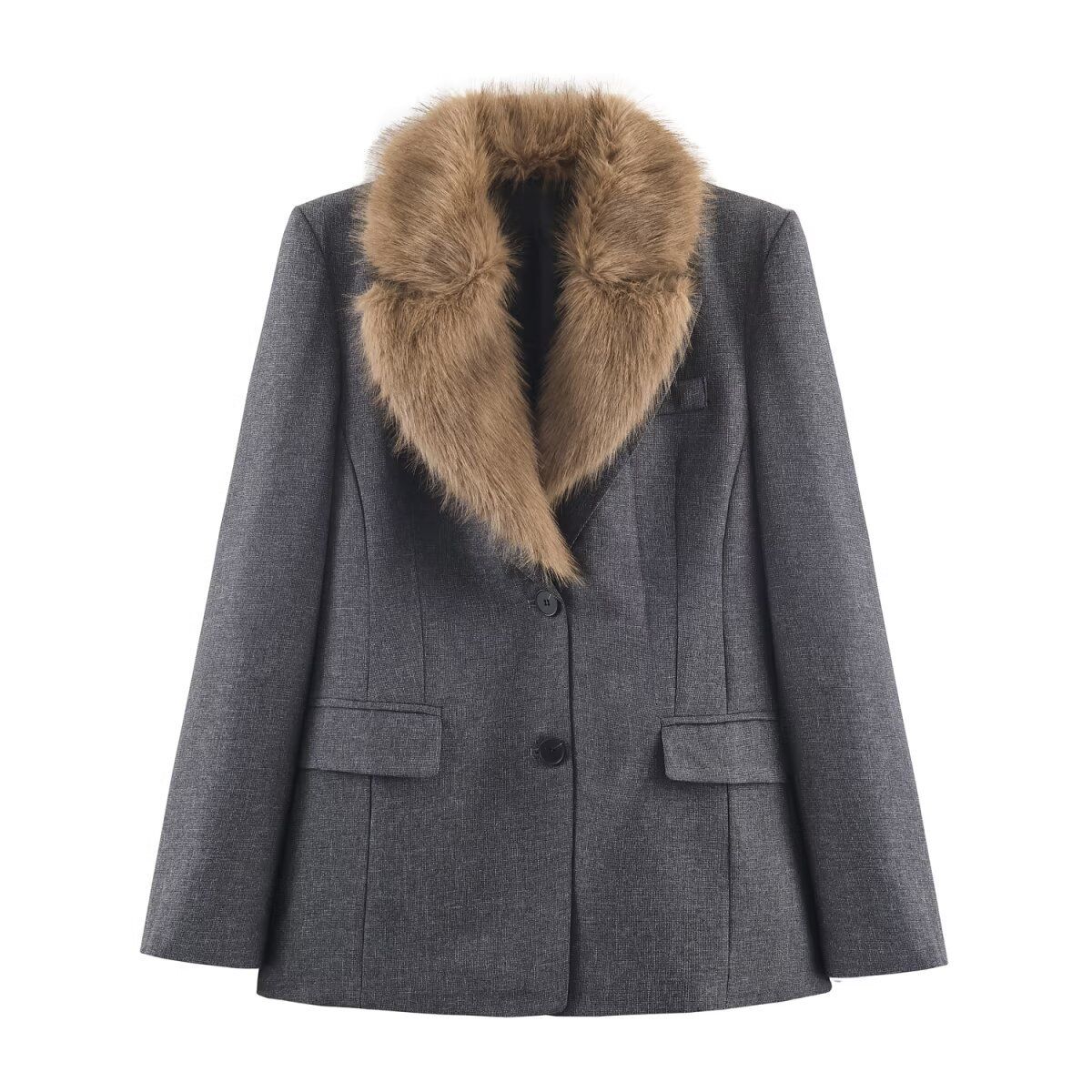 Faux Fur-Trimmed Blazer Jacket For Women – Trendy Streetwear Coat With Tailored Fit (XS/S/M/L, Grey)_ecoleips.com