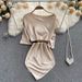 Women's Clothing Temperament Celebrity Satin T Shirt Women's Medium And Long Design Niche Waist Slimming Solid Color Simple Top_ecoleips.com